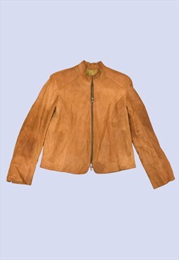 Vintage Tan Brown Leather High Neck Zip Casual Crop Jacket 
