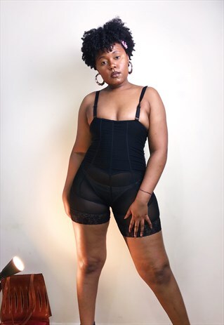 VINTAGE BLACK LACE AND SHEER LEOTARD SHORTS BODY SUIT