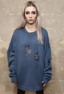 Asymmetric ripped sweater knitted distress jumper in blue
