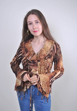 80S WOMEN BROWN RUFFLE ABSTRACT PRINT BLOUSE, SIZE S