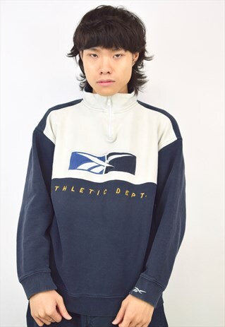 VINTAGE 90S REEBOK NAVY AND GREY 3/4 ZIP SWEATSHIRT