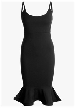 Black Peplum Hem Midi Dress Short Scoop Neckline Dresses
