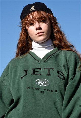 MOSS GREEN NFL NEW YORK JETS V NECK JUMPER / SWEATER