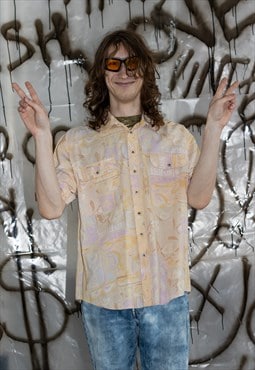 Vintage Y2K abstract festival button down in pastel yellow