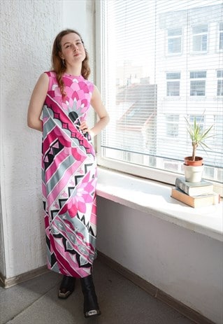 Vintage 70's Pink Patterned Bohemian Maxi Dress