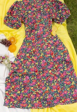 Ruched V Neck Midi Floral Print Dress