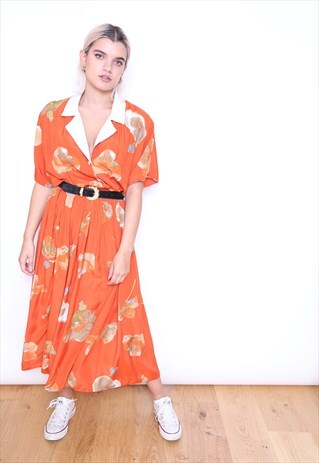 VINTAGE 80S ORANGE FLORAL SHIRT MIDI DRESS