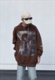 BROWN WASHED GRAPHIC COTTON OVERSIZED HOODIES 