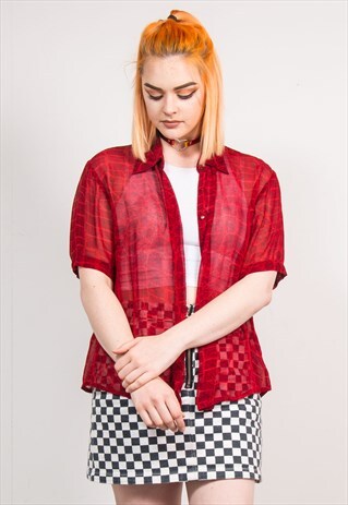 90'S VINTAGE RED PATTERNED SHEER SHORT SLEEVE GRUNGE SHIRT