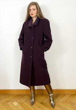 Vintage Aubergine Wool Overcoat, Long Winter Coat