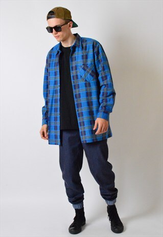 VINTAGE 80S BLUE CHECK FLEECE LONG SLEEVE SHIRT