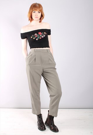 VINTAGE 80S BEIGE OLIVE HIGH WAISTED PLEAT FRONT TROUSERS