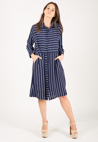 STRIPED PRINT LONG SLEEVES CARDIGAN DRESS(NAVY)