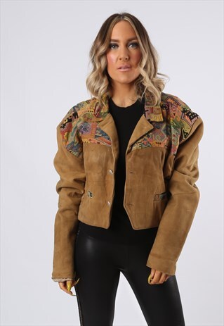 SUEDE LEATHER EMBROIDERED JACKET CROPPED UK 14 (FNFB)