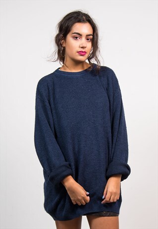 VINTAGE 90'S DARK BLUE FISHERMAN KNIT GRANDAD JUMPER