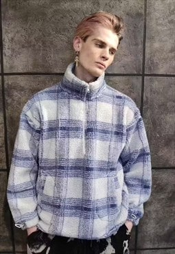 Checked fleece jumper high neck fluffy pullover in blue