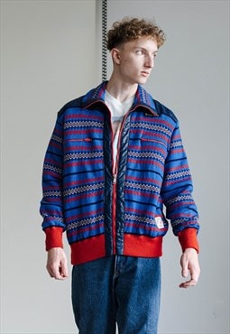 Vintage 70s Silvy High Neck Blue&Red Knit Men Ski Jacket M