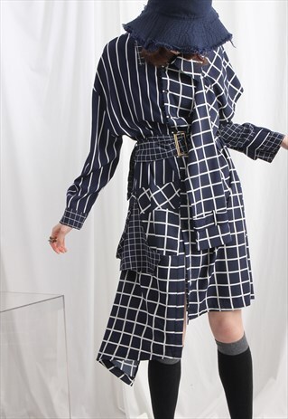 (KOREAN) HIGH LOW HEM MIX STRIPE & CHECK TIED WAIST DRESS