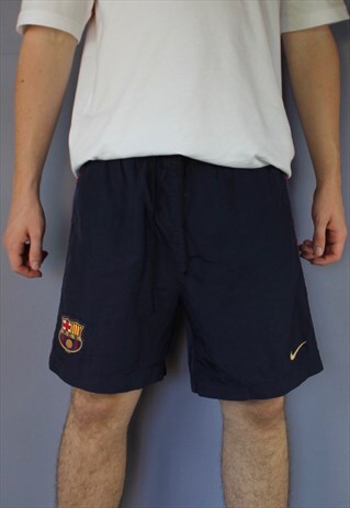 VINTAGE NIKE FC BARCELONA SHORTS IN NAVY WITH EMBROIDERED LO