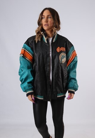 VINTAGE NFL LEATHER BOMBER JACKET USA OVERSIZED UK 20 (M3P)