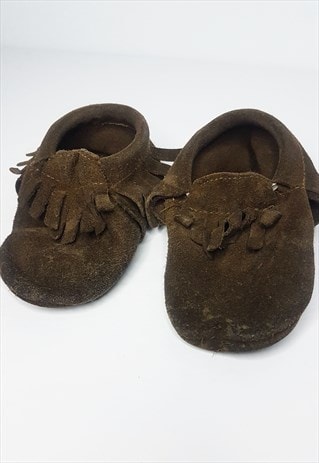 Vintage Brown Child's Inuit Suede Fur Moccasins, Kid Size 3