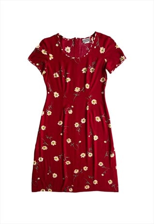 90S VINTAGE DRESS MIDI SHORT SLEEVE FLORAL PATTERNED RED