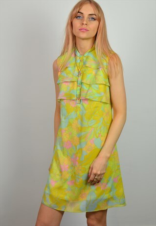VINTAGE 60S PASTEL YELLOW & PINK FLORAL PATTERN MINI DRESS