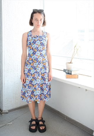 VINTAGE 70'S MULTICOLOUR FLORAL PRINT MIDI DRESS