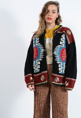 VINTAGE AZTEC CHUNKY KNIT CARDIGAN IN BLACK
