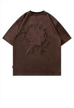 Flame patch velvet t-shirt Y2K darkness tee in brown