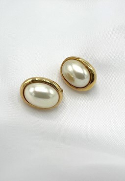 Christian Dior Earrings Pearl Gold Clip on Vintage