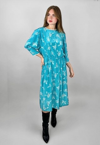 Vintage 80's Bel Chic Teal Green White Floral Midi Dress