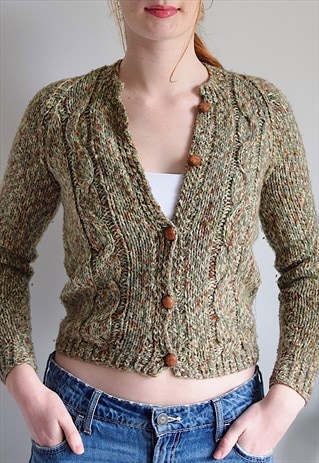 Vintage 80s Chunky Knit Cardigan Green & Brown