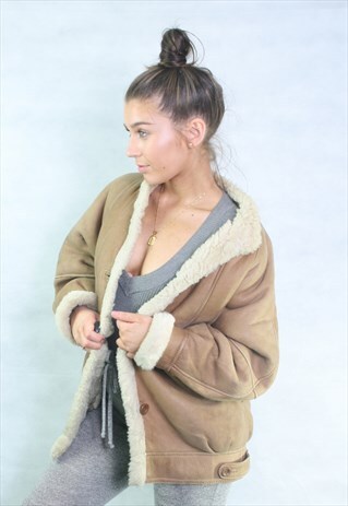 VINTAGE 80'S SUEDE SHEEPSKIN SHEARLING LINED BOMBER JACKET