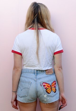 SUNSET BUTTERFLY HAND PAINTED RE WORKED LEVI'S SHORTS