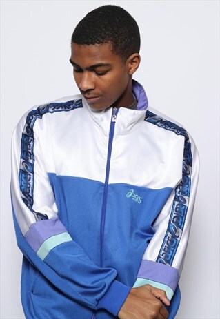 VINTAGE ASICS TAPE LOGO TRACK JACKET WHITE AND BLUE