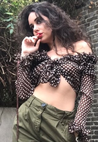 VINTAGE Y2K SPOTTY POLKA DOT BROWN FRILLY BLOUSE TOP
