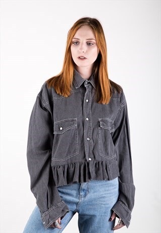 REWORKED VINTAGE CROPPED DENIM SHIRT WITH PEPLUM