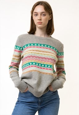 80s Vintage Wool Gray Multi Retro Woman Jumper Sweater 5452
