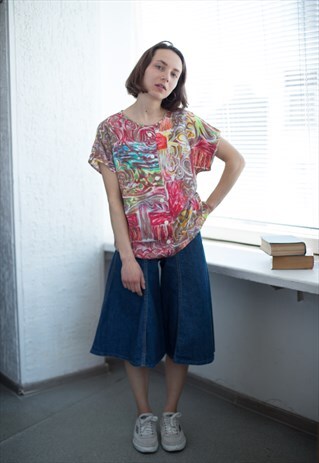 VINTAGE 80'S MULTICOLOUR ABSTRACT PRINT SHORT SLEEVED TOP