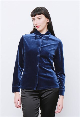 VINTAGE 80'S MIDNIGHT DARK BLUE VELVET SHIRT