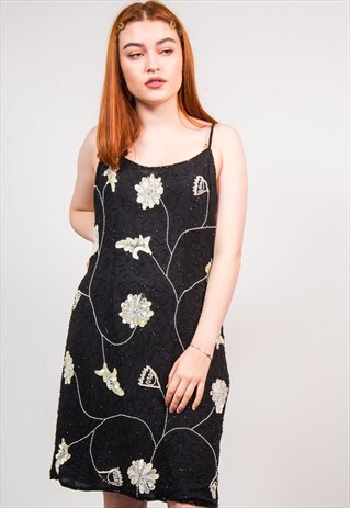 VINTAGE 90'S BLACK BEADED FLORAL PATTERN SLIP DRESS