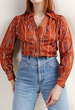 Vintage 70s  Boho Brown&Floral Satiny Slim Fit Women Shirt M