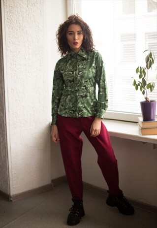 VINTAGE 70'S GREEN FLOWER PATTERNED SHIRT
