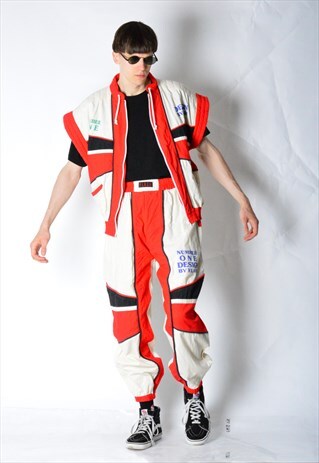 VINTAGE 70S BEIGE RED RACING VEST TRACKSUIT