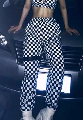 HIGH WAIST CHECKERED STRAIGHT LOOSE PANTS