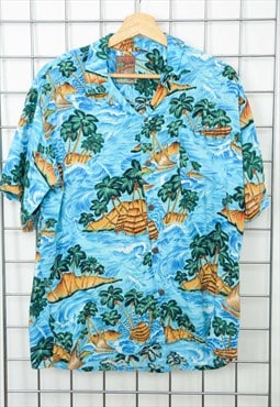 Vintage 90s Hawaiian Shirt Floral Blue Size M