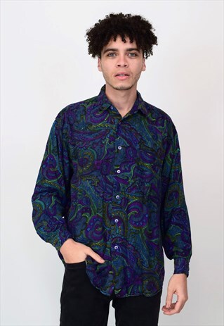 VINTAGE 90'S BLUE GREEN & PURPLE PAISLEY PRINTED SHIRT