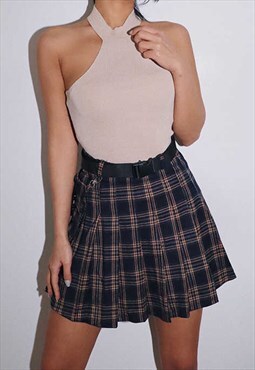 Tartan Pleated Y2K Belt Mini Skirt