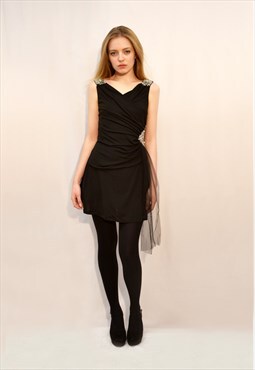 Crystal embellished shoulder and waist party dress in black